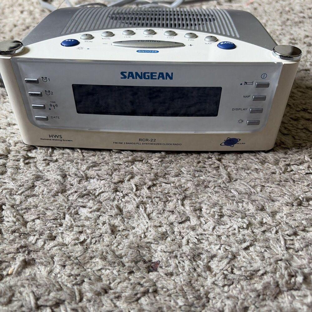 Sangean RCR-22 FM/AM Digital Clock Radio Silver Dual Alarm Snooze Automatic Time